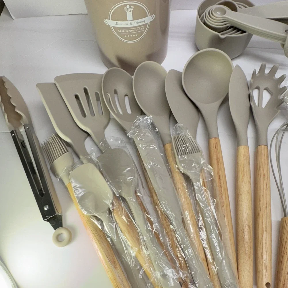 Kitchen & Dining 24pc Cooking Utensil Set Beige Silicone/Wood w/ Holder, Loops